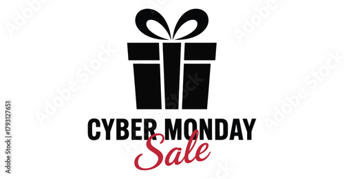  Cyber Monday sale banner with black gift box icon, bold typography and red cursive script for ecommerce, retail, and digital promotions