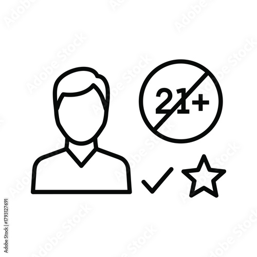 Person icon with no 21 plus sign, check mark and star