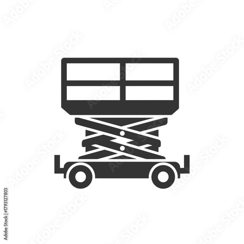 A black silhouette icon of a scissor lift or aerial work platform on wheels, isolated on a, representing construction and industrial equipment