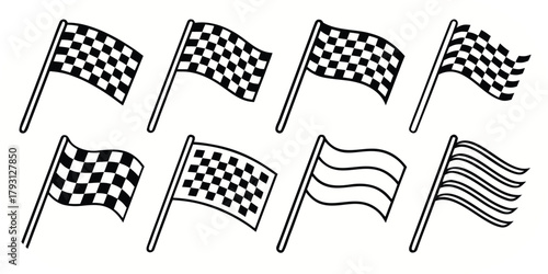 Set Of Racing Flags Including Checkered Flags And Waving Flags finish line start line