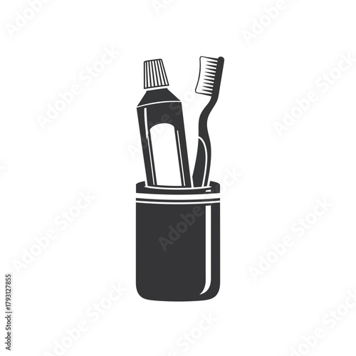 A black and white illustration of a toothbrush and a tube of toothpaste standing upright in a holder, representing dental hygiene and oral care, isolated on a