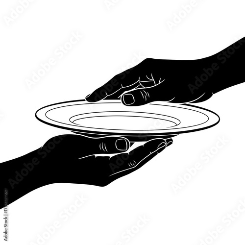 Two hands passing a plate, symbolizing service, sharing, and generosity