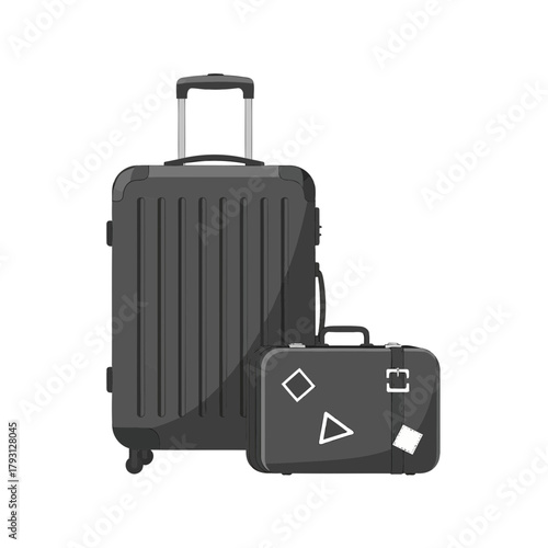 Two black suitcases, one large with wheels and one small carryon