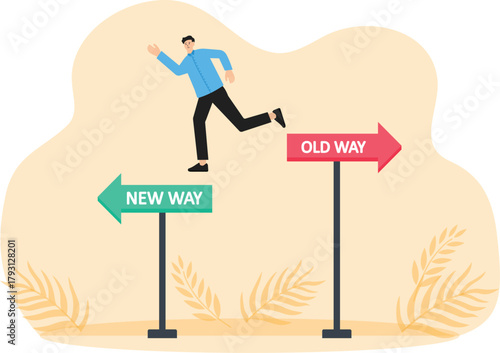 adapting to change and improvement and development of self or business. businessman jumping with arrows pointing towards the past and future.
