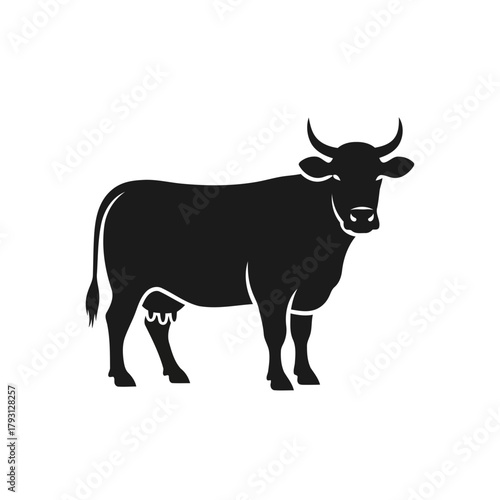 Black silhouette of a cow with horns and udders, standing and facing forward