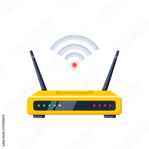 A yellow wireless internet router with two antennas and glowing indicator lights isolated on a