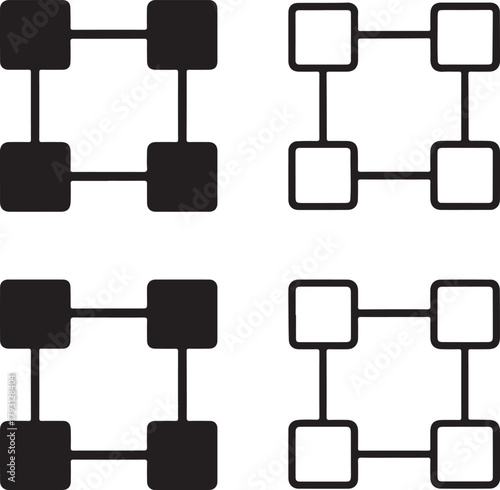 Isolated Blockchain Network black vector icon set, blockchain network icons, digital crypto system design, solid black outline filled minimal thin stroke, decentralized finance symbols