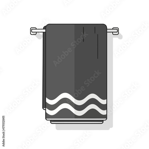 A dark gray towel with a wavy pattern at the bottom, hanging on a towel rack