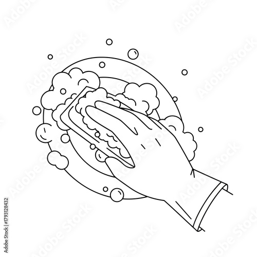 A hand wearing a glove and scrubbing a plate with a sponge, creating foam and bubbles, illustrating the process of washing dishes and cleaning