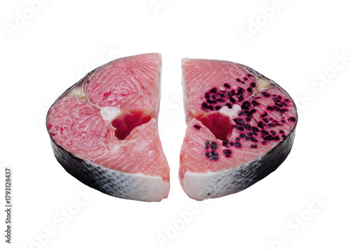 Two halves of a raw fish fillet, pinkish-red flesh with dark speckles