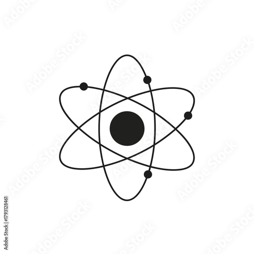 A stylized black and white illustration of an atom, showing a central nucleus with electrons orbiting in elliptical paths, symbolizing science and physics