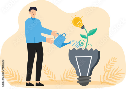 Sustainability or environmental care in the office, corporate culture of ecology or social responsibility, ESG and businessman working with computer on sustainable green light bulb.
