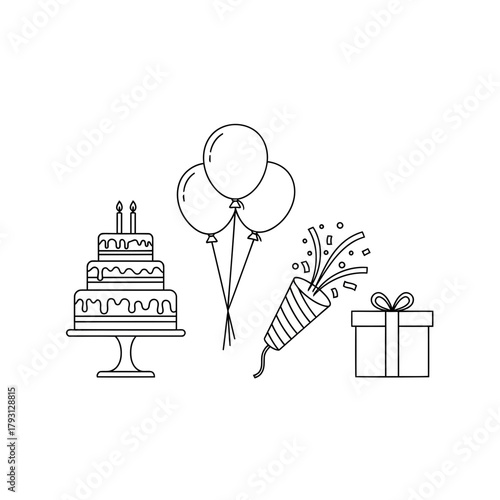 Outline illustration of a birthday party scene with a tiered cake, balloons, party popper, and gift box