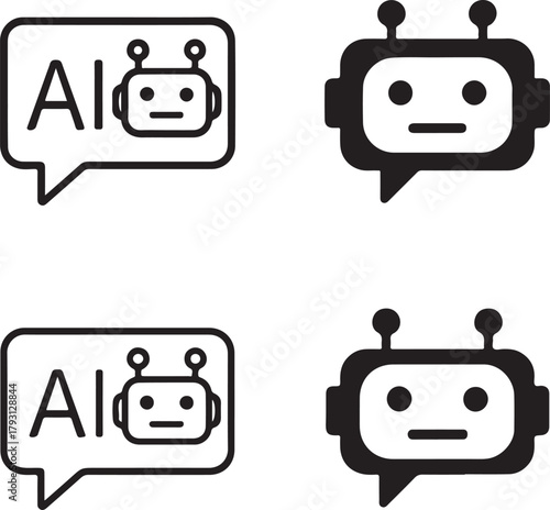 Isolated AI Chatbot black vector icon set, AI chatbot icons, artificial intelligence bot design, solid black outline filled minimal thin stroke, digital assistant messaging symbols
