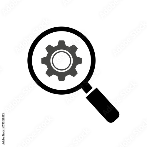 Magnifying glass over a gear, symbolizing search, analysis, and mechanical process
