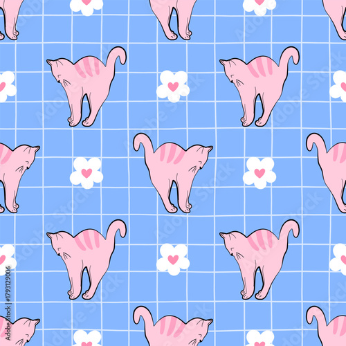 Seamless pattern with cat in different poses on checkered gingham blue background. ideal for stationery, fabric, packaging and cozy pet-themed designs