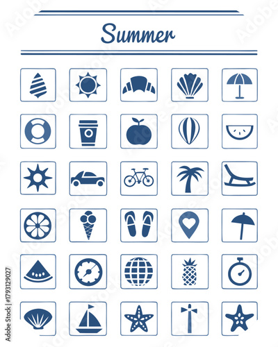 Summer Icons Blue Silhouette Set For Holiday And Travel vacation