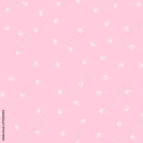 Seamless pastel pattern with tiny cat paw prints on a soft pink background, ideal for textile, kids decor and cute packaging