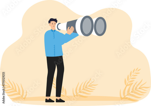 Looking for opportunity business vision and direction of success or finding new employees career future invention or research, businessman looking through telescope or binoculars.

