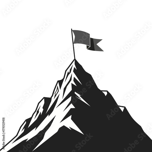 A flag planted on the summit of a jagged mountain, symbolizing achievement and success