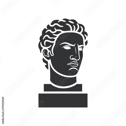 Stylized black and white illustration of a classical greek or roman bust, representing art, history, and culture
