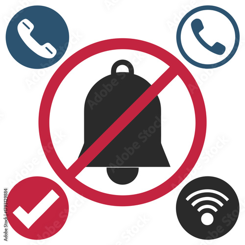 Muted Bell Icon with Phone and Wi- Fi Symbols Keywords: bell, mute, silent, notification, alert