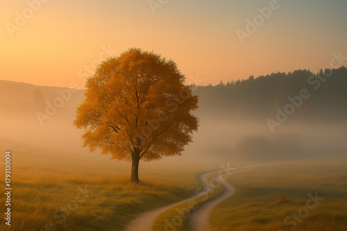 Autumn sunset in a field, with a tree and a path, standing out against the fog