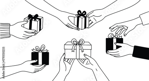 Hands offering and receiving gift boxes vector illustration minimalist style