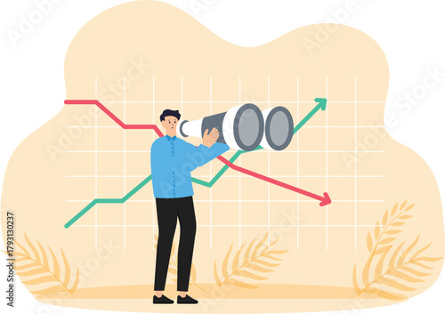 Investment risk and Stock market price predictions. Finding entry points to buy or sell and make a profit. Investors use binoculars to view stock market prices.
