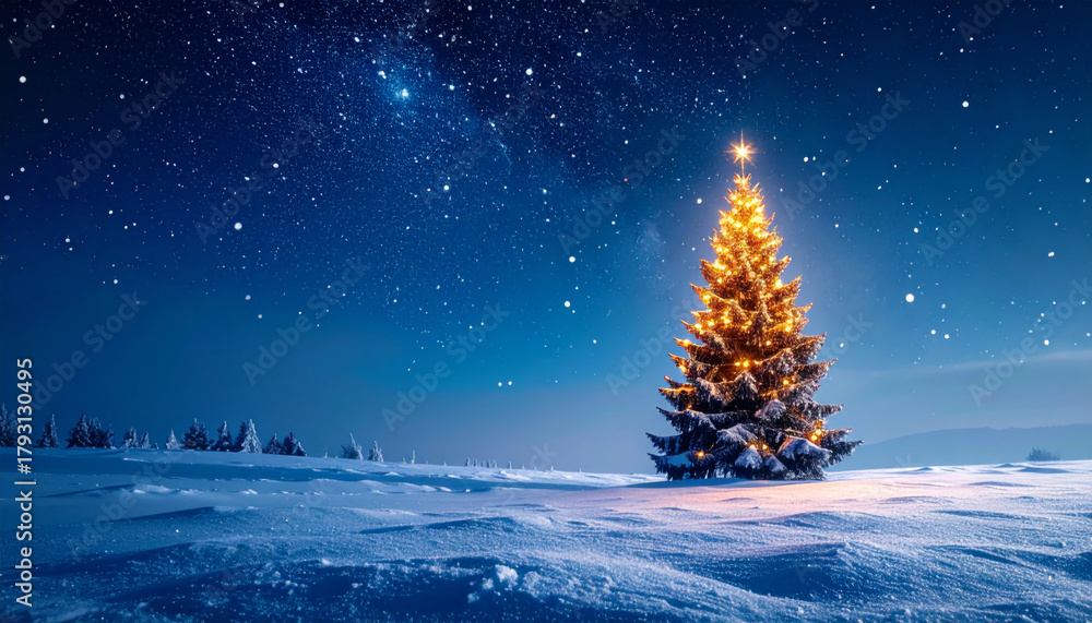 Naklejka premium Beautifully lit Christmas tree stands in snowy landscape under starry winter sky, evoking sense of wonder