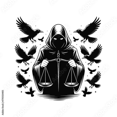 Mysterious hooded figure holding scales of justice surrounded by flying crows and birds