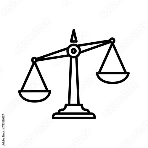 A black outline illustration of a classic balance scale, with one pan lower than the other, representing justice, law, or equilibrium on a