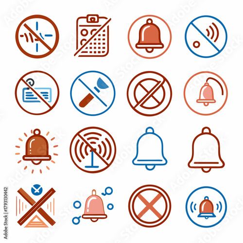 Sixteen icons in red and blue for alerts and notifications