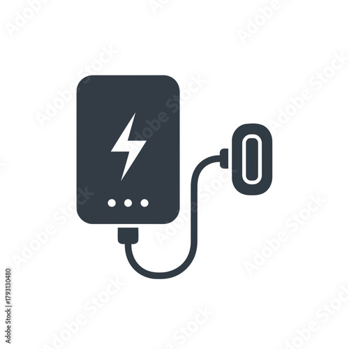 Dark silhouette icon of a portable power bank with a lightning bolt symbol and a charging cable connected to a device, isolated on a