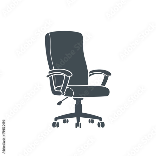 Dark gray office chair with wheels and armrests, representing a workspace or furniture