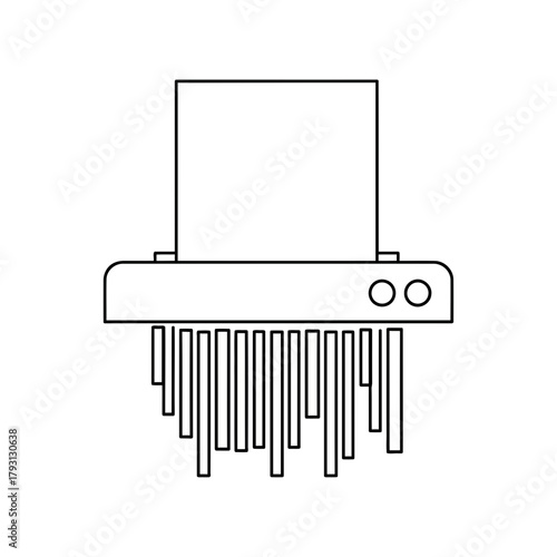 Line art icon of a paper shredder with shredded paper coming out