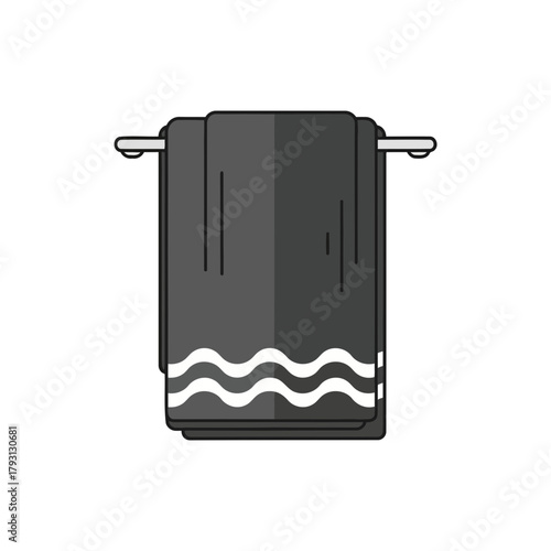 A pair of dark grey towels folded and hanging on a silver towel rack, with wavy white stripes at the bottom, isolated on a