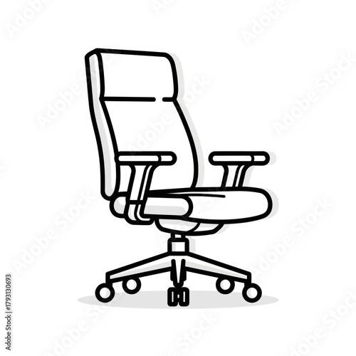 Black and white outline drawing of an office chair with wheels and armrests, isolated on a