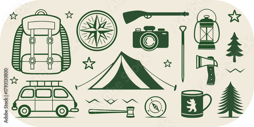 Vintage Camping Icons Set With Backpack Tent Compass Rifle Lantern Axe And Car outdoor adventure