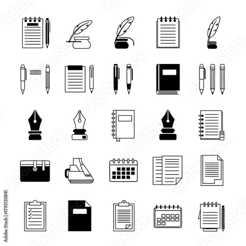 Writing and Stationery Icon Bundle – Silhouette Tools of Authors, Journalists and Poets with Notebooks and Pens

