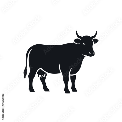 A silhouette of a cow with horns and udders, standing on a, representing livestock or farming