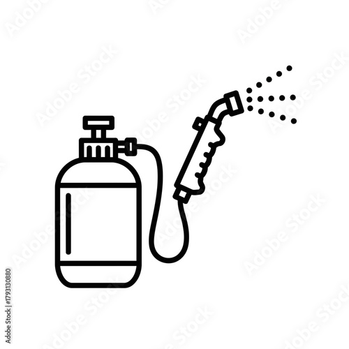 Line art icon of a sprayer bottle with a hose and nozzle spraying water, representing cleaning, gardening, or pest control