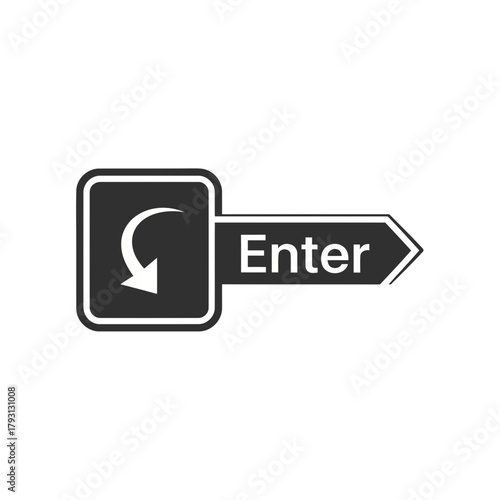 Black and white directional sign with an arrow pointing right and the word enter and a curved arrow symbol