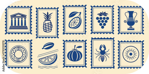 Vintage Postage Stamps Featuring Fruits Architecture and Insects retro