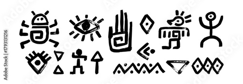 Mystical tribal symbol set merges african aztec maya ethnic idol logo icon vector influences in classic mexican style incorporating arrow bird eye palm hand bug elements on white background