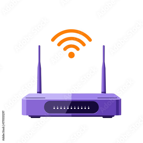 A purple wireless router with two antennas and orange wifi signal waves emanating from it