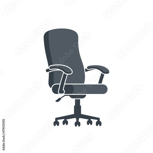 A modern office chair with armrests and wheels, depicted in a dark gray silhouette