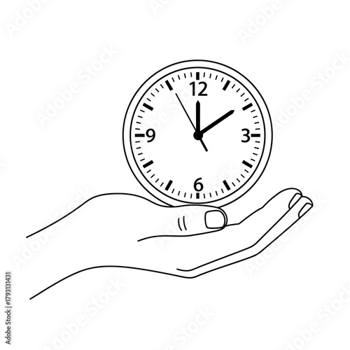 Line drawing of a hand holding a clock, symbolizing time management, punctuality, and the passage of time