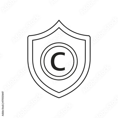 A black and white line art icon of a shield with a circle containing the letter c inside, representing copyright or protection, isolated on a