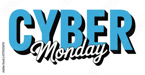  Cyber Monday sale banner with bold blue typography and cursive white script on black background for ecommerce and digital promotions